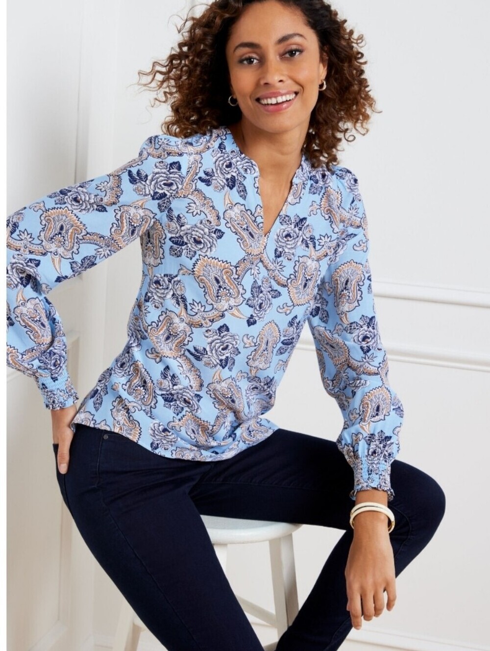 TALBOTS Viscose Popover Cool Top Blouse Blue Long Sleeve Viscose Sz S